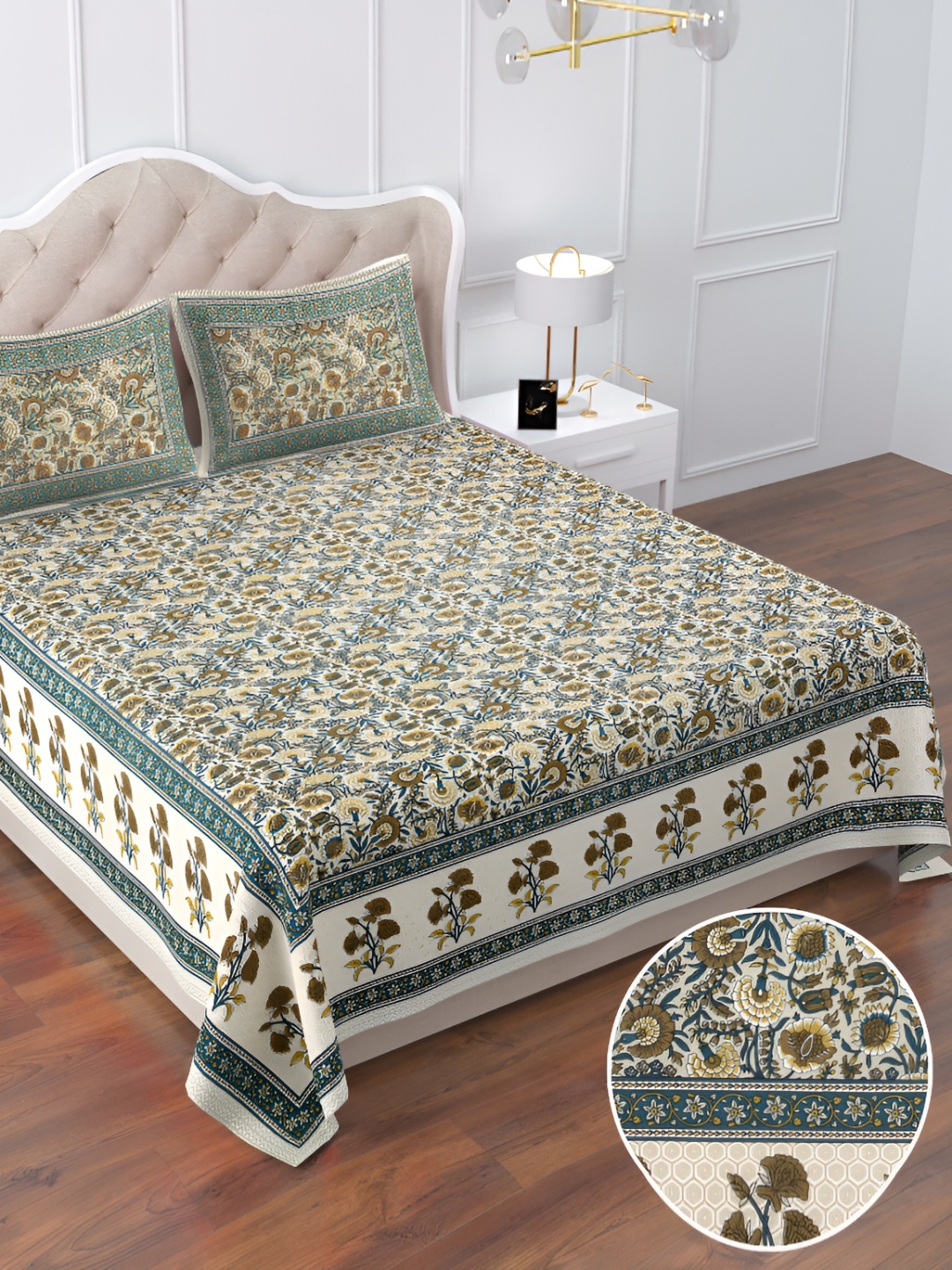 

DOLLIFI Green& Cream Floral Cotton 160 TC Queen Bedsheet with 2 Pillow Covers