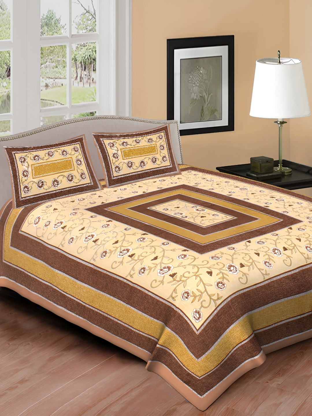 

DOLLIFI Brown& Beige Geometric Cotton 260 TC Queen Bedsheet with 2 Pillow Covers