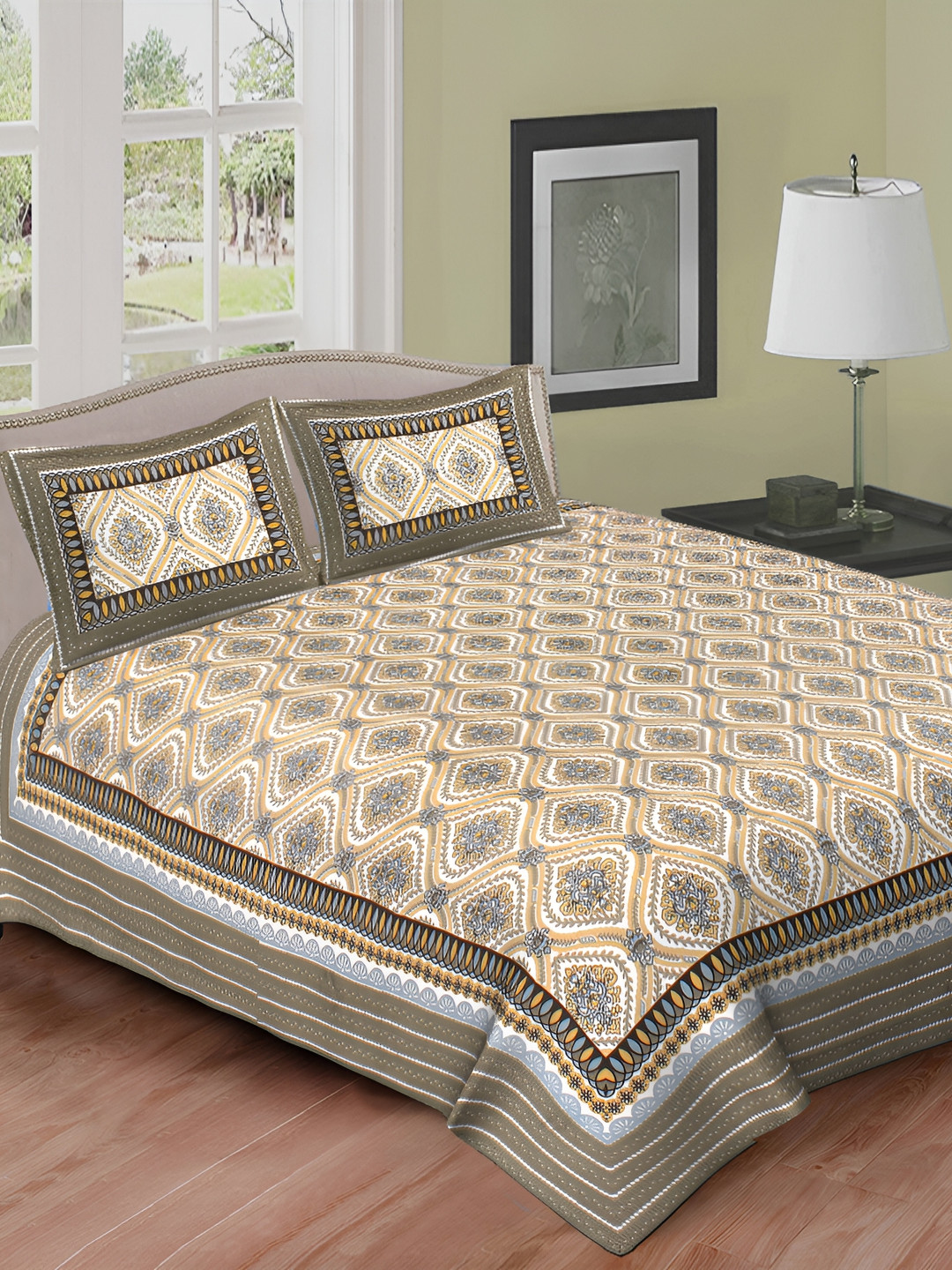 

DOLLIFI Grey& Yellow Ethnic Motifs Cotton 260 TC Queen Bedsheet with 2 Pillow Covers
