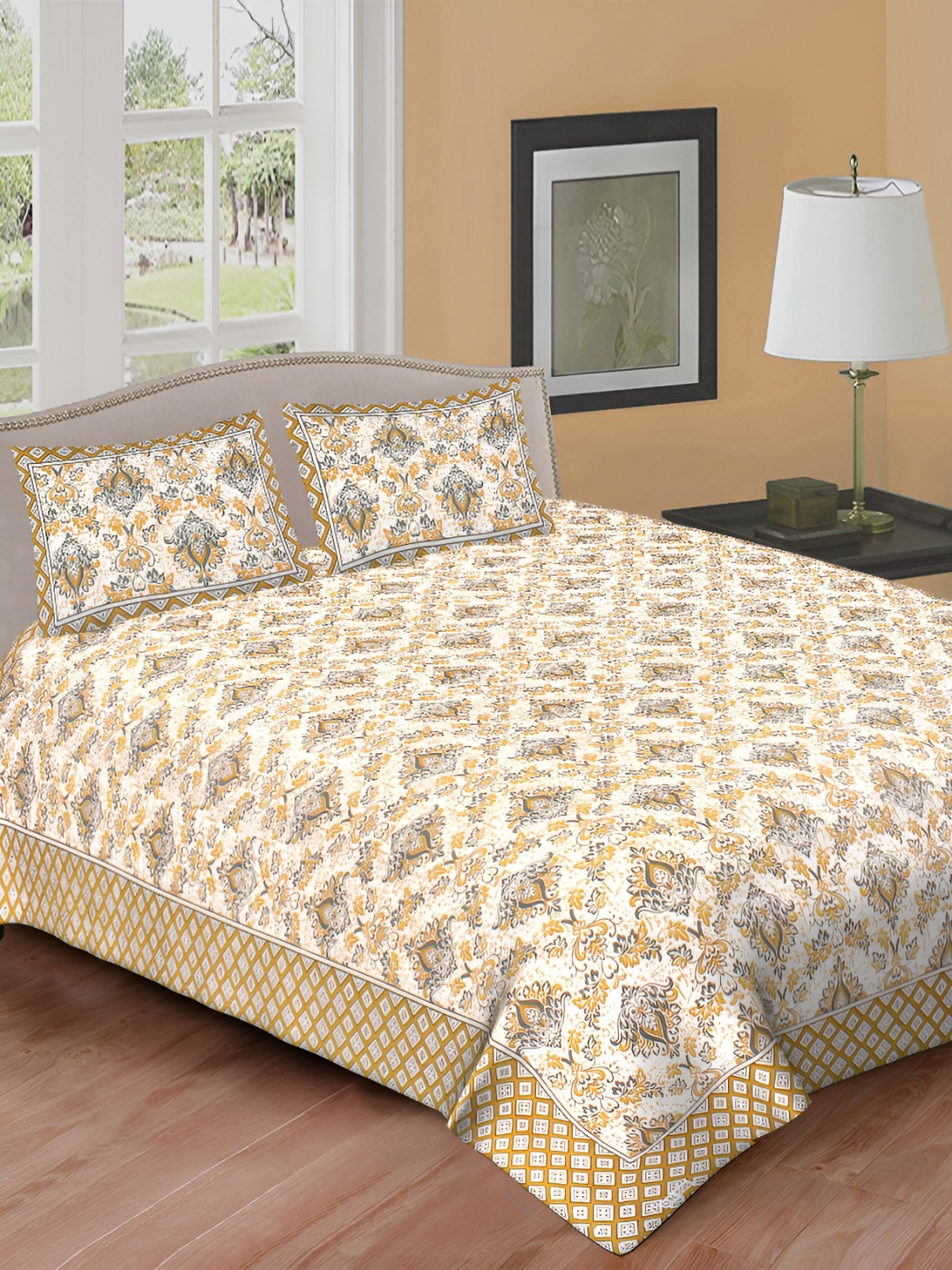 

DOLLIFI Yellow& Grey Ethnic Motifs Cotton 260 TC Queen Bedsheet with 2 Pillow Covers