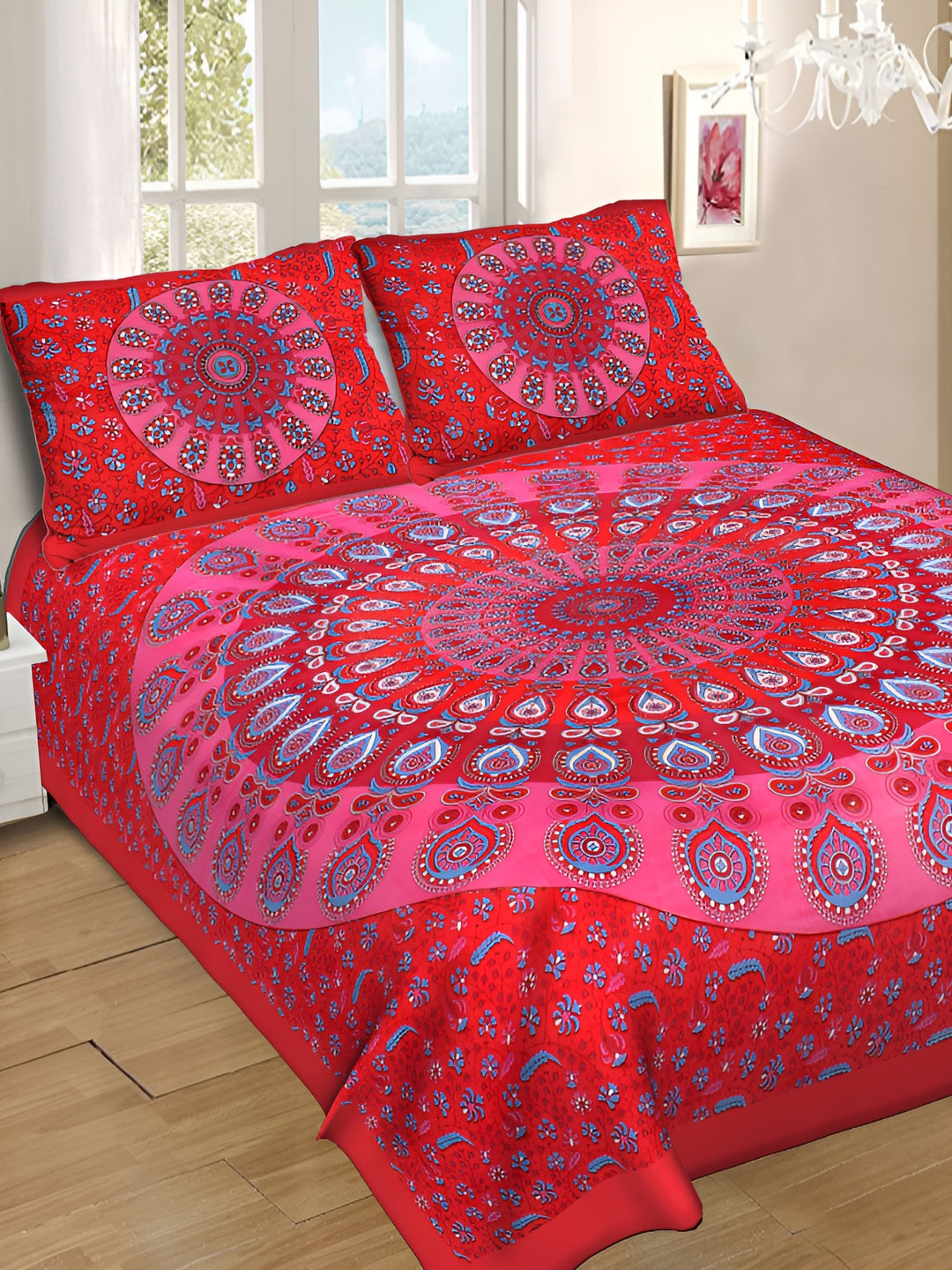 

DOLLIFI Red& Blue Ethnic Motifs Cotton 260 TC Queen Bedsheet with 2 Pillow Covers