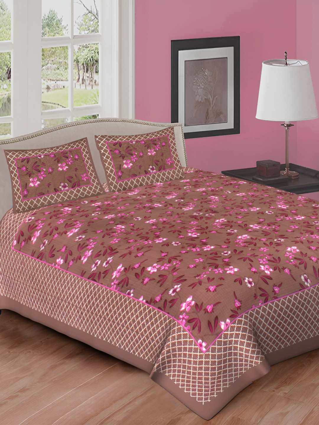 

DOLLIFI Brown Floral 260 TC Queen Bedsheet with 2 Pillow Covers