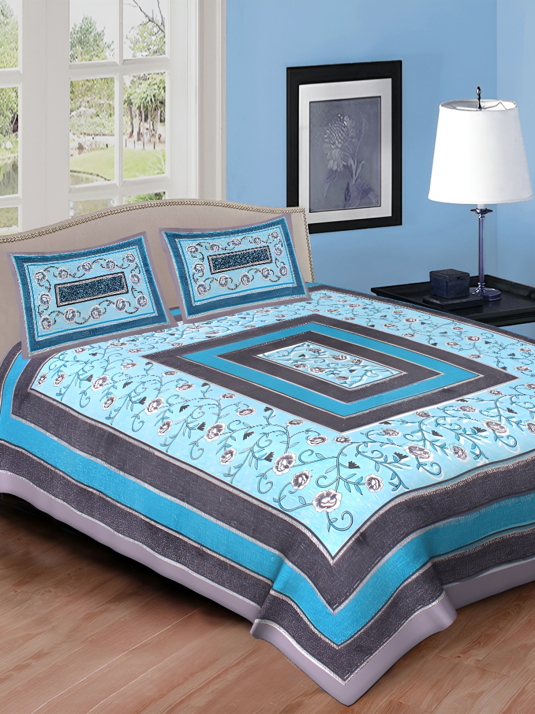 

DOLLIFI Blue& Black Floral Cotton 260 TC Queen Bedsheet with 2 Pillow Covers