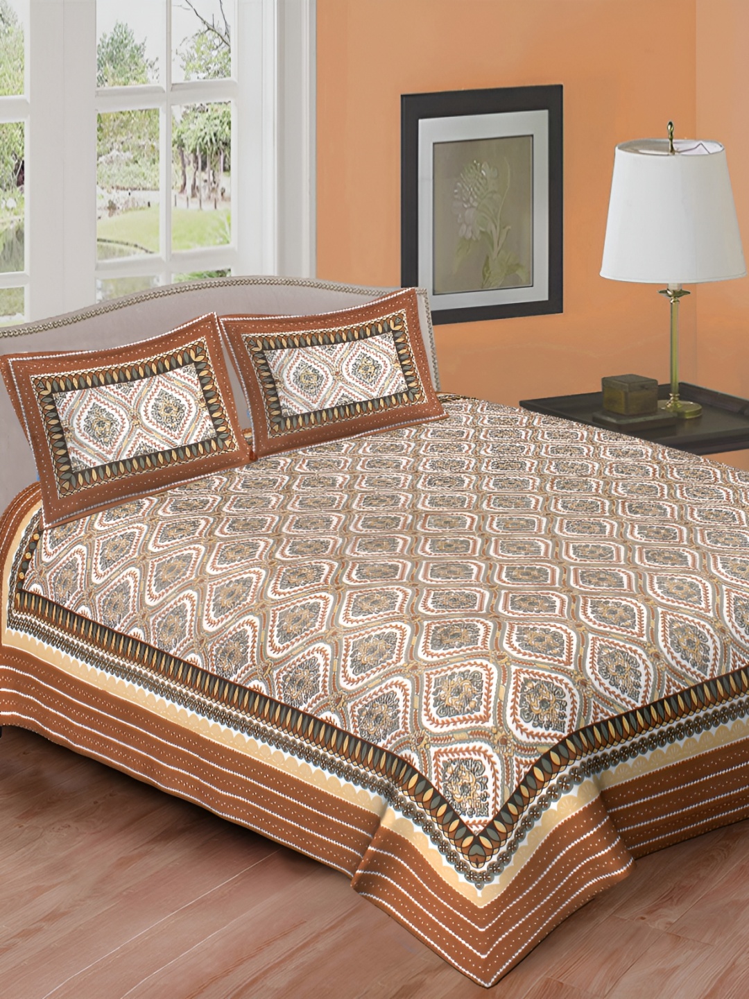 

DOLLIFI Brown& White Ethnic Motifs 260 TC Queen Bedsheet with 2 Pillow Covers