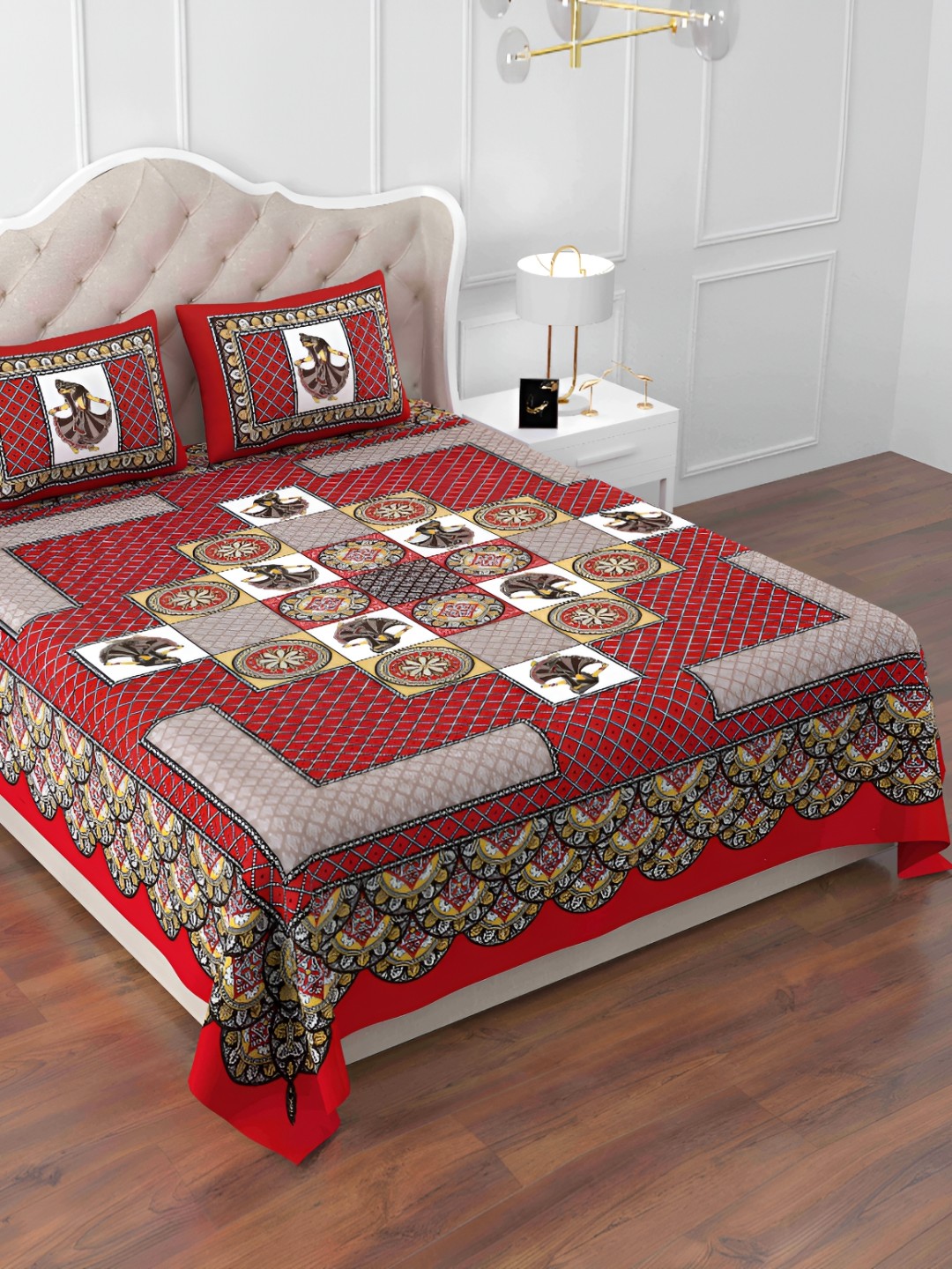 

DOLLIFI Red& White Geometric Cotton 160 TC Queen Bedsheet with 2 Pillow Covers
