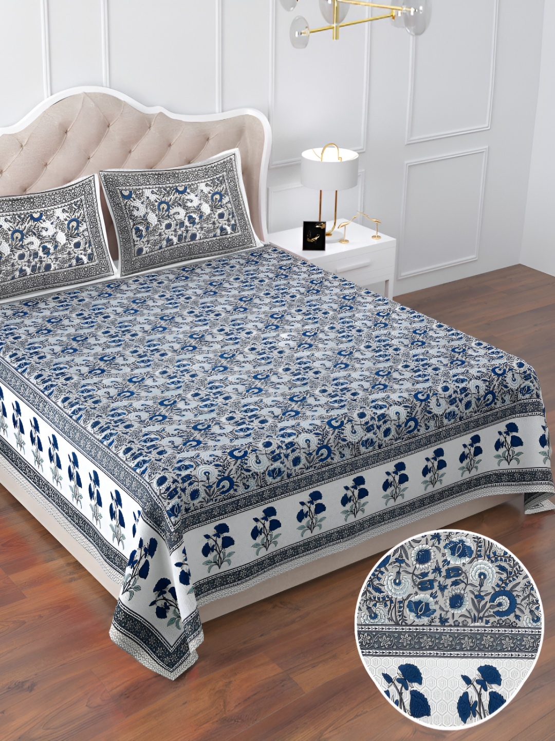 

DOLLIFI Blue& Grey Floral Cotton 160 TC Queen Bedsheet with 2 Pillow Covers