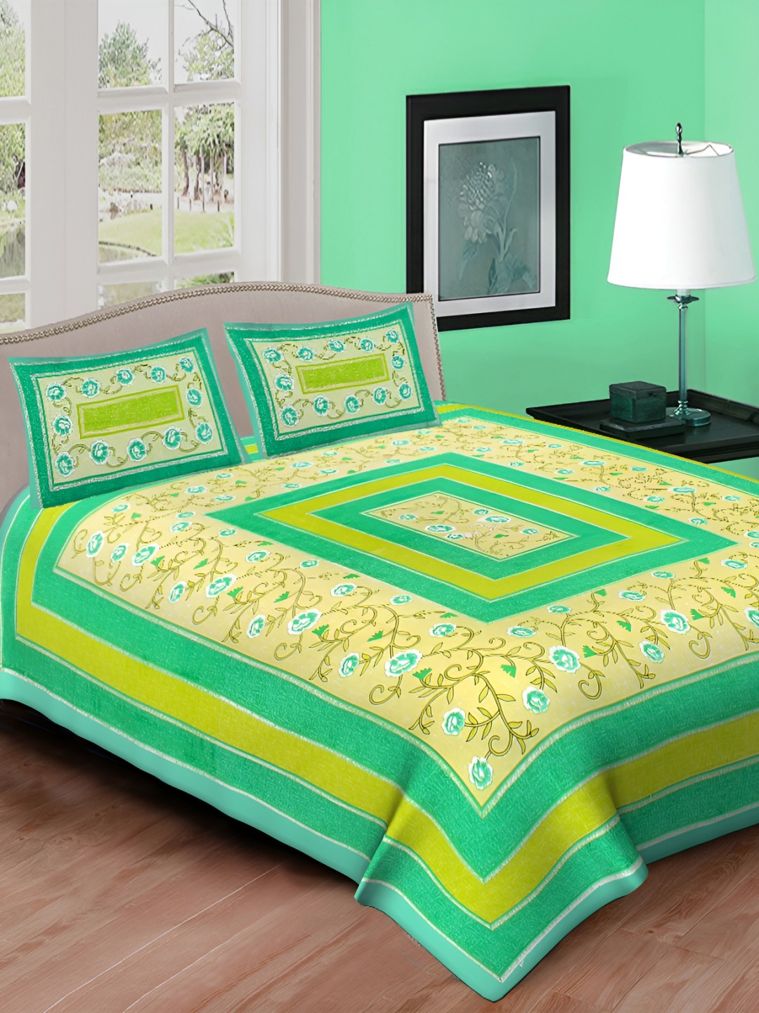 

DOLLIFI Green& Beige Floral 260 TC Queen Bedsheet with 2 Pillow Covers