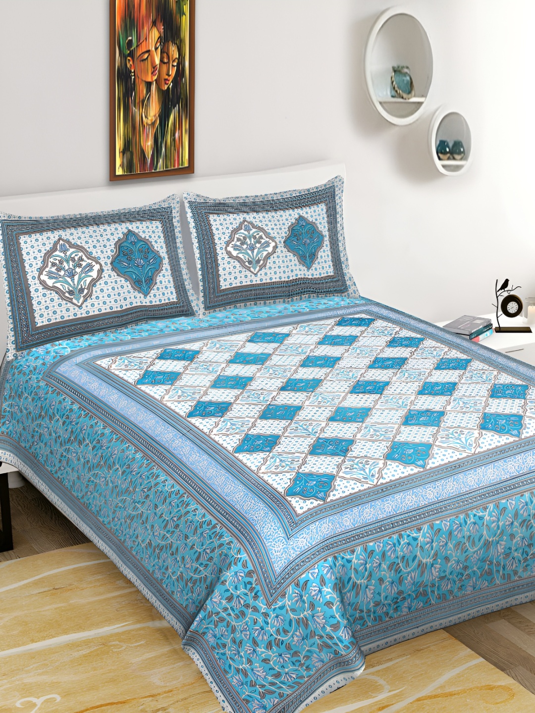 

DOLLIFI Blue &White Floral Cotton 260 TC Queen Bedsheet with 2 Pillow Covers