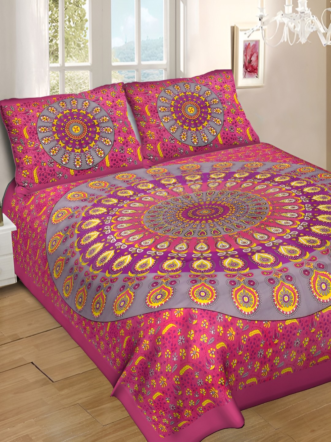 

DOLLIFI Pink& Yellow Geometric Cotton 260 TC Queen Bedsheet with 2 Pillow Covers
