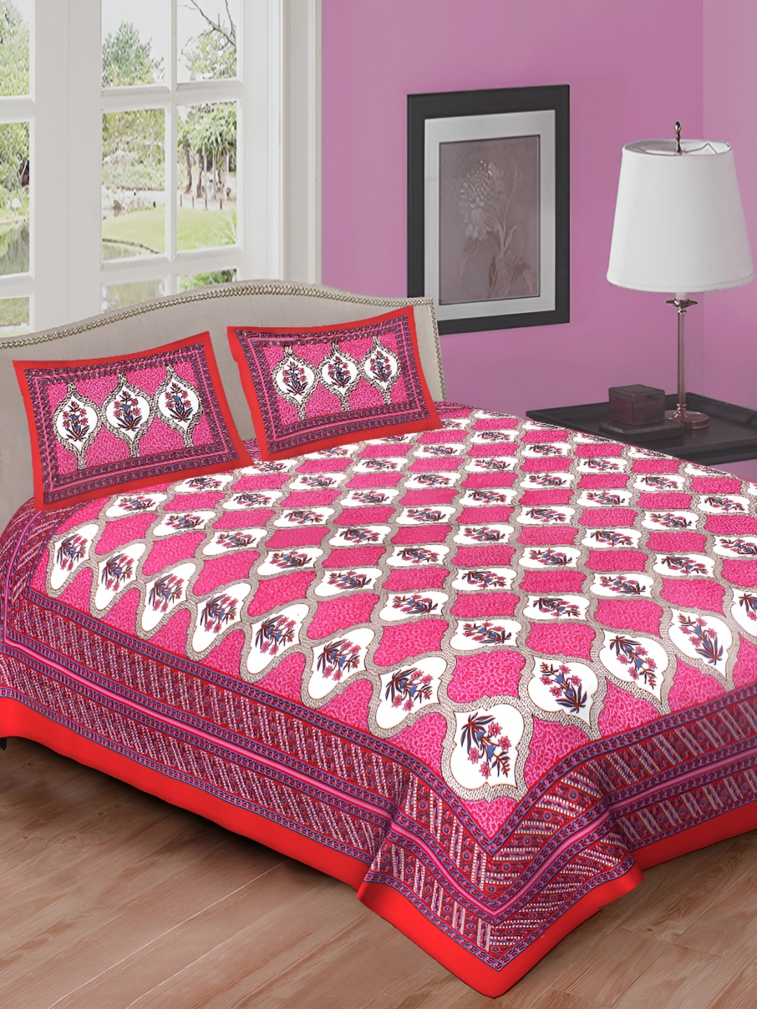

DOLLIFI Red &White Ethnic Motifs Cotton 260 TC Queen Bedsheet with 2 Pillow Covers