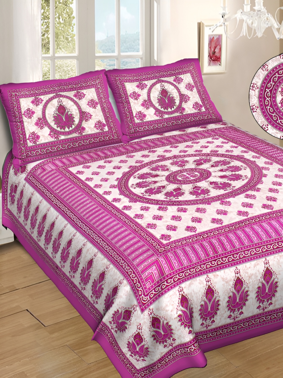 

DOLLIFI Pink &White Geometric 260 TC Queen Bedsheet with 2 Pillow Covers