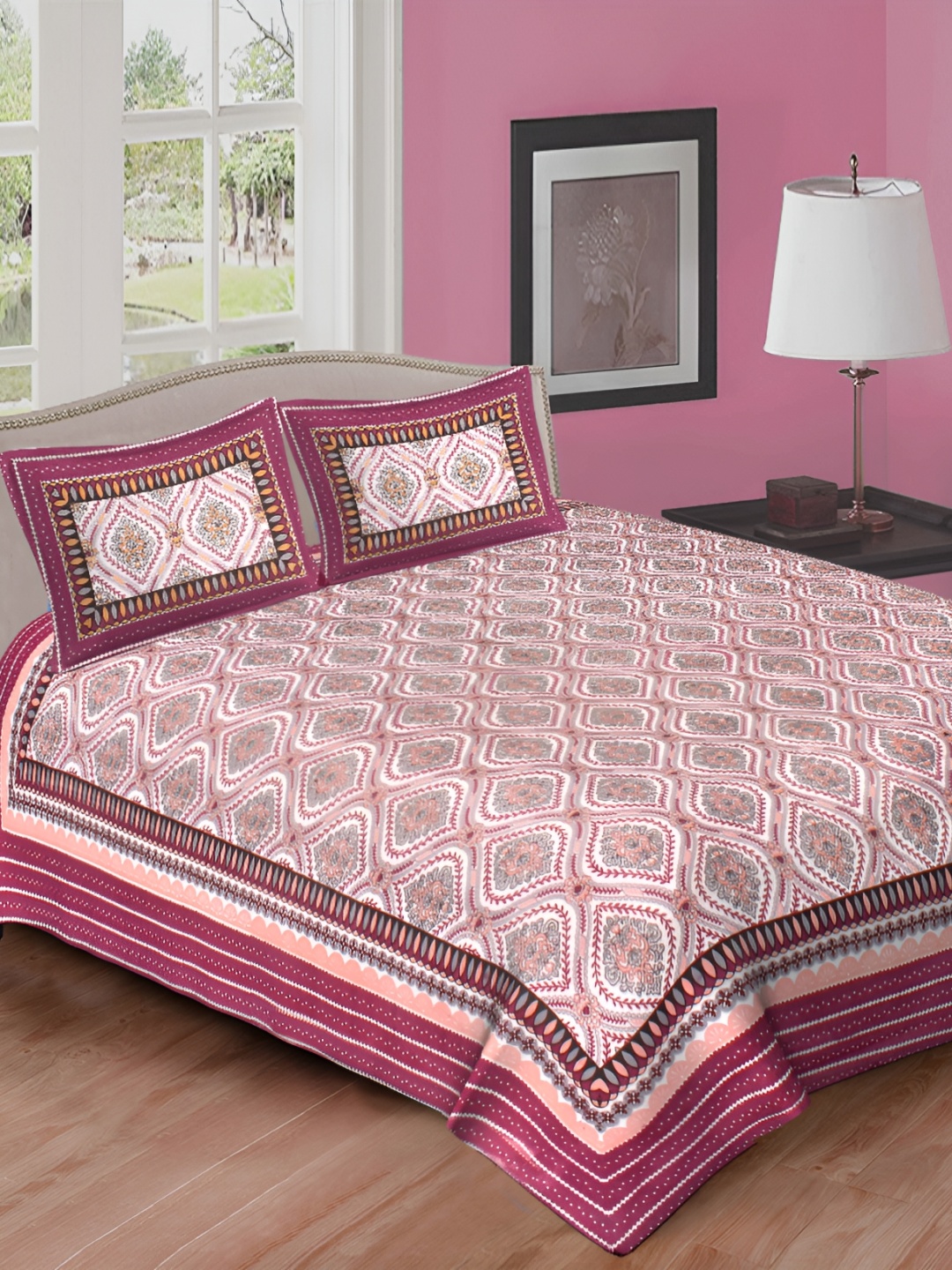 

DOLLIFI Maroon& White Ethnic Motifs Cotton 260 TC Queen Bedsheet with 2 Pillow Covers