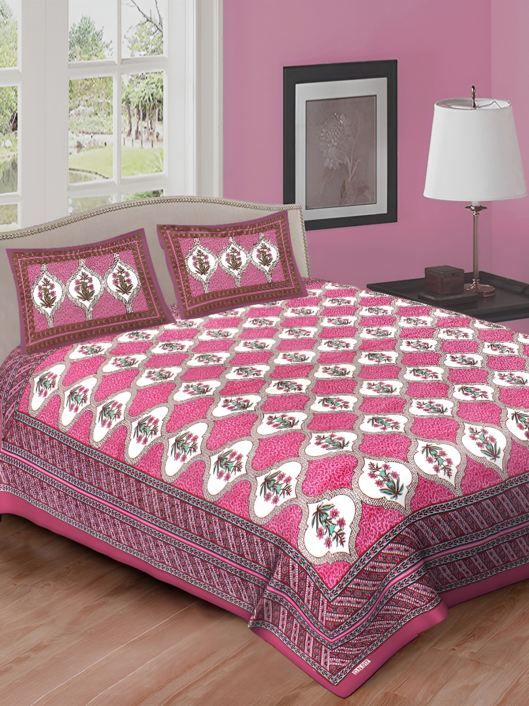 

DOLLIFI Pink& White Floral Cotton 260 TC Queen Bedsheet with 2 Pillow Covers