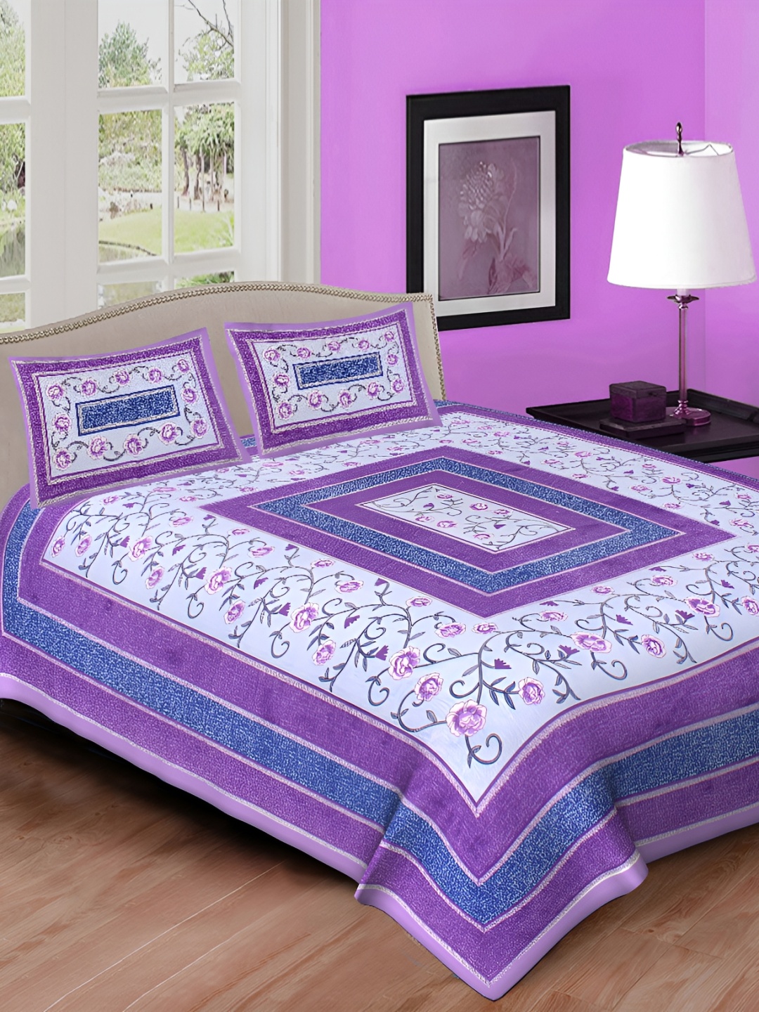 

DOLLIFI Purple & Grey Floral Cotton 260 TC Queen Bedsheet with 2 Pillow Covers