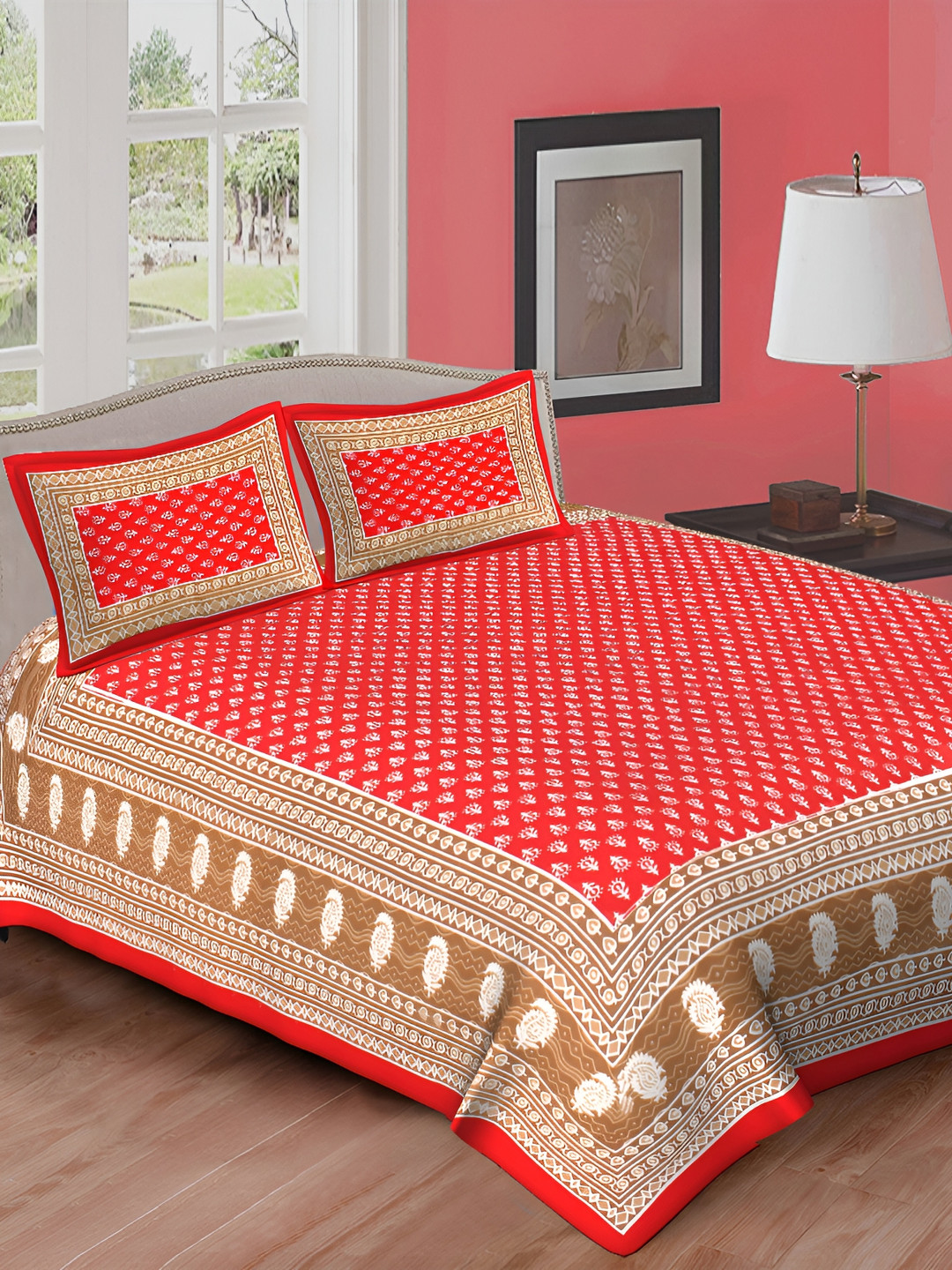 

DOLLIFI Red& White Floral Cotton 160 TC Queen Bedsheet with 2 Pillow Covers