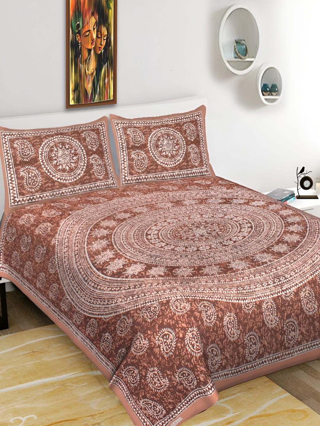 

DOLLIFI Brown &White Geometric Cotton 260 TC Queen Bedsheet with 2 Pillow Covers