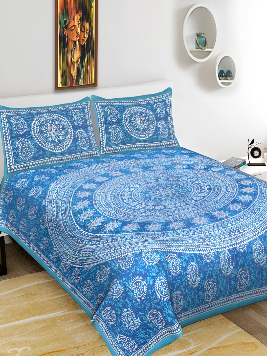 

DOLLIFI Turquoise Blue &White Geometric Cotton 260 TC Queen Bedsheet with 2 Pillow Covers