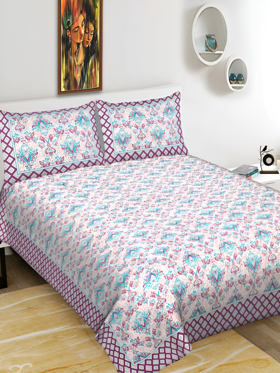 

DOLLIFI Maroon& Blue Ethnic Motifs Cotton 260 TC Queen Bedsheet with 2 Pillow Covers