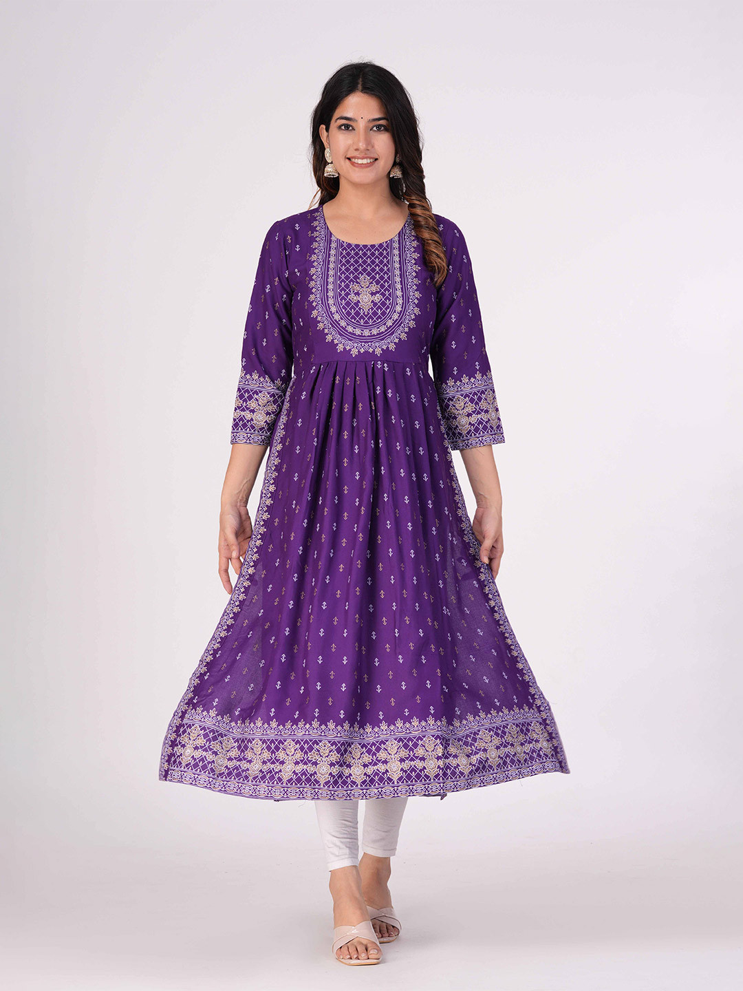 

KALINI Floral Printed A-Line Kurta, Purple
