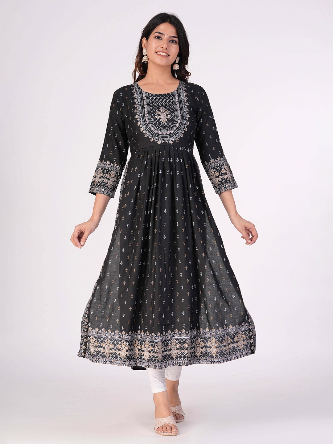 

KALINI Floral Printed A-Line Kurta, Black