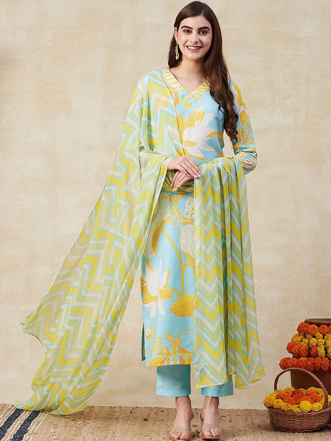 

KALINI Floral Printed V-Neck Straight Kurta & Trousers With Dupatta, Sea green