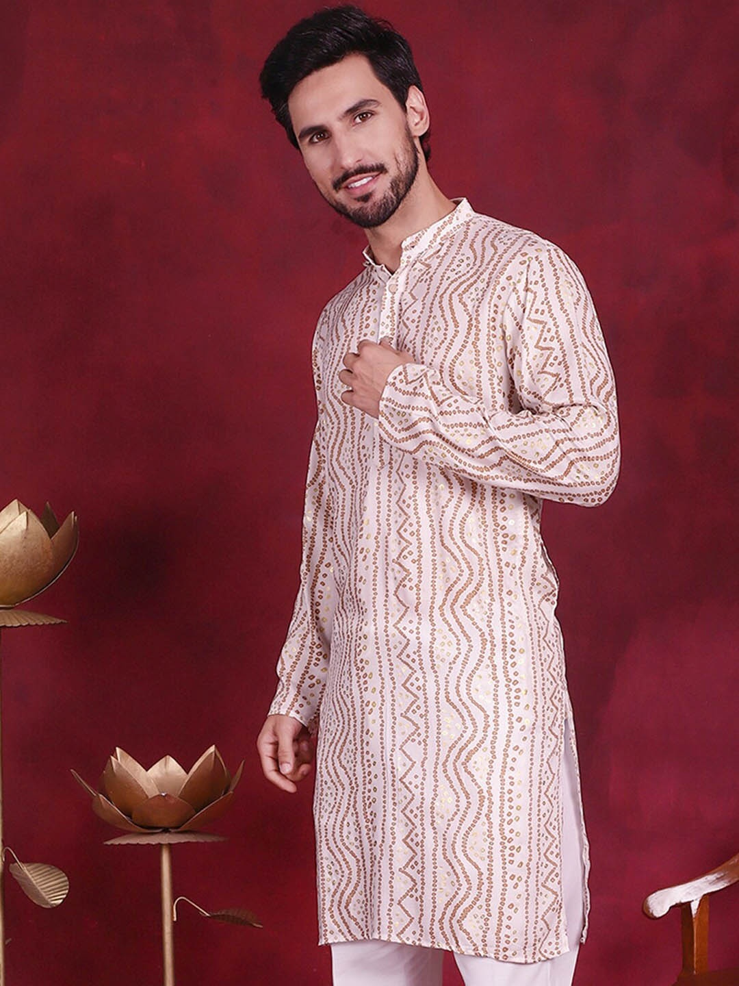 

Jompers Bandhani Printed Mandarin Collar Straight Kurta, Cream