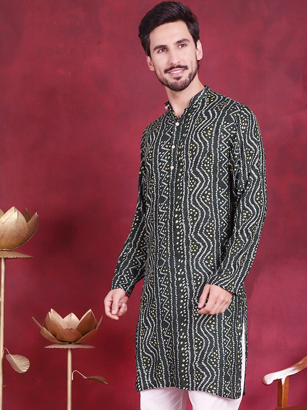 

Jompers Bandhani Printed Band Collar Straight Kurta, Green