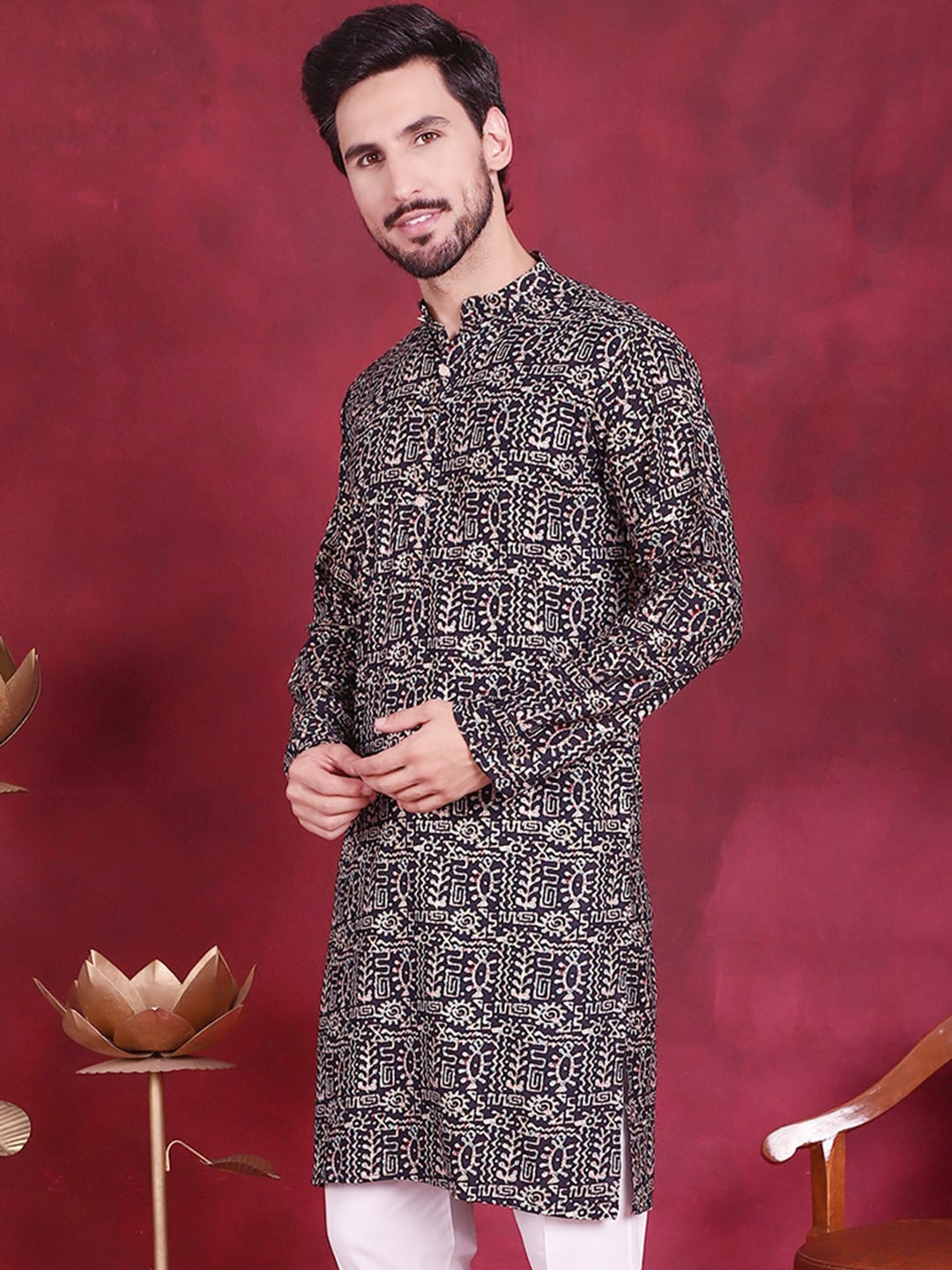 

Jompers Ethnic Motifs Digital Printed Band Collar Straight Kurta, Navy blue