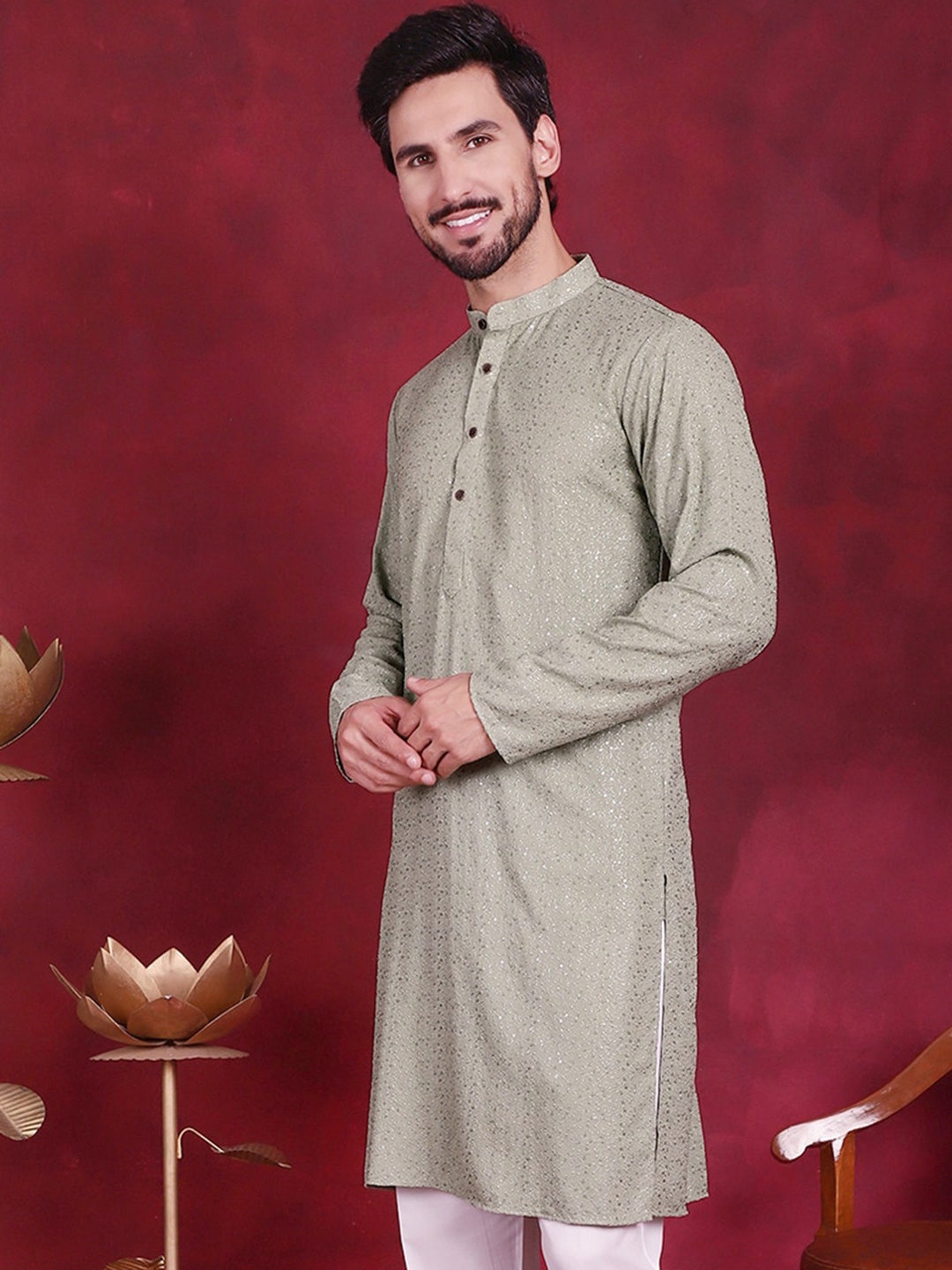 

Jompers Self Design Band Collar Kurta, Green