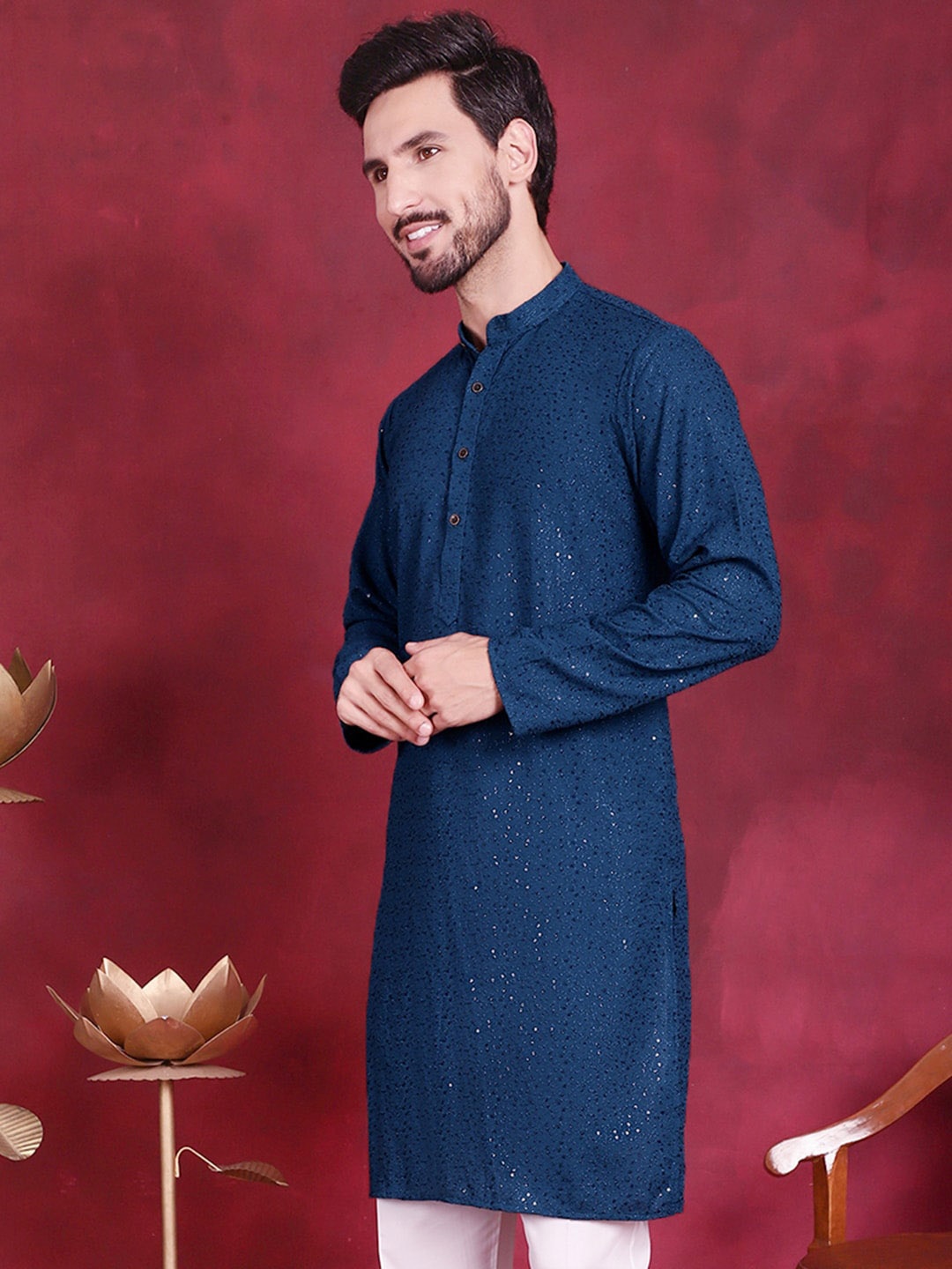 

Jompers Ethnic Motif Embroidered Chikankari Straight Kurta, Navy blue