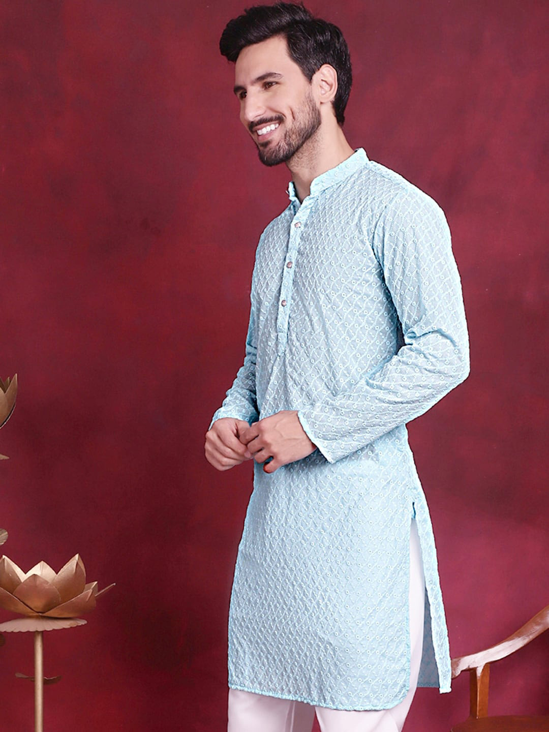 

Jompers Ethnic Motifs Embroidered Band Collar Chikankari Cotton Straight Kurta, Turquoise blue