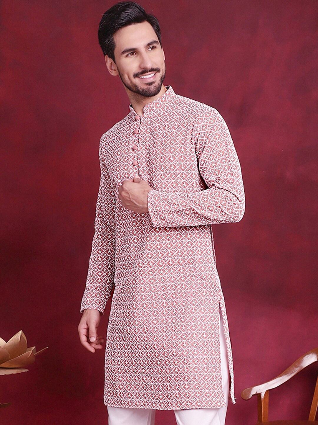 Jompers Geometric Embroidered Pure Cotton Chikankari Kurta, Coral