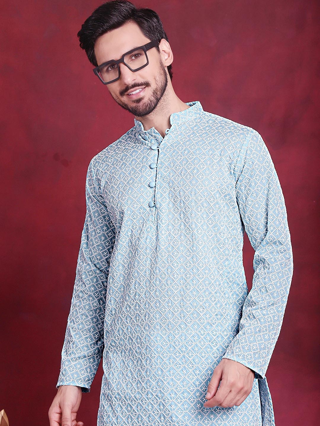 

Jompers Floral Embroidered Chikankari Straight Kurta, Turquoise blue