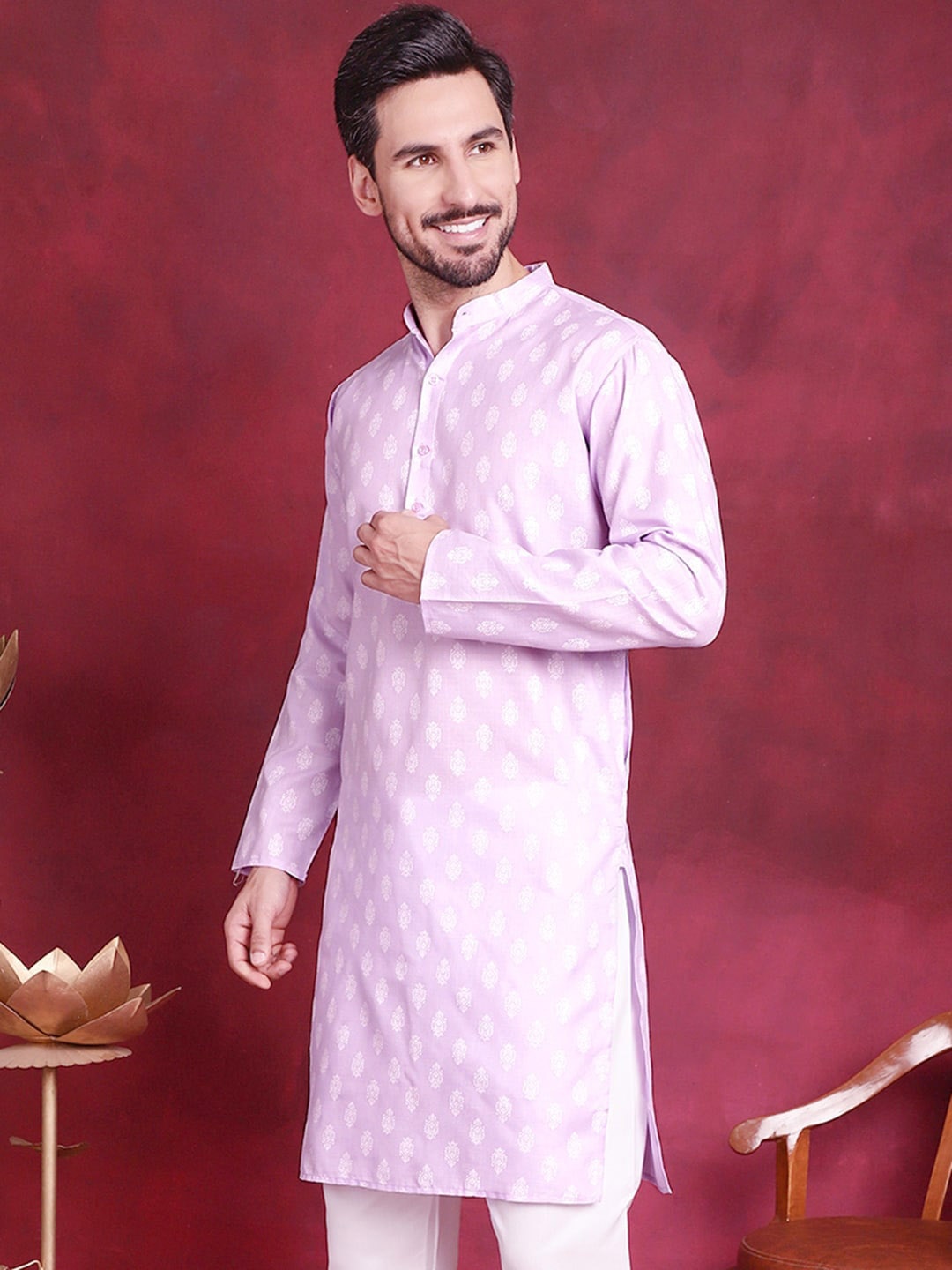 

Jompers Ethnic Motifs Floral Printed Mandarin Collar Pure Cotton Kurta, Purple