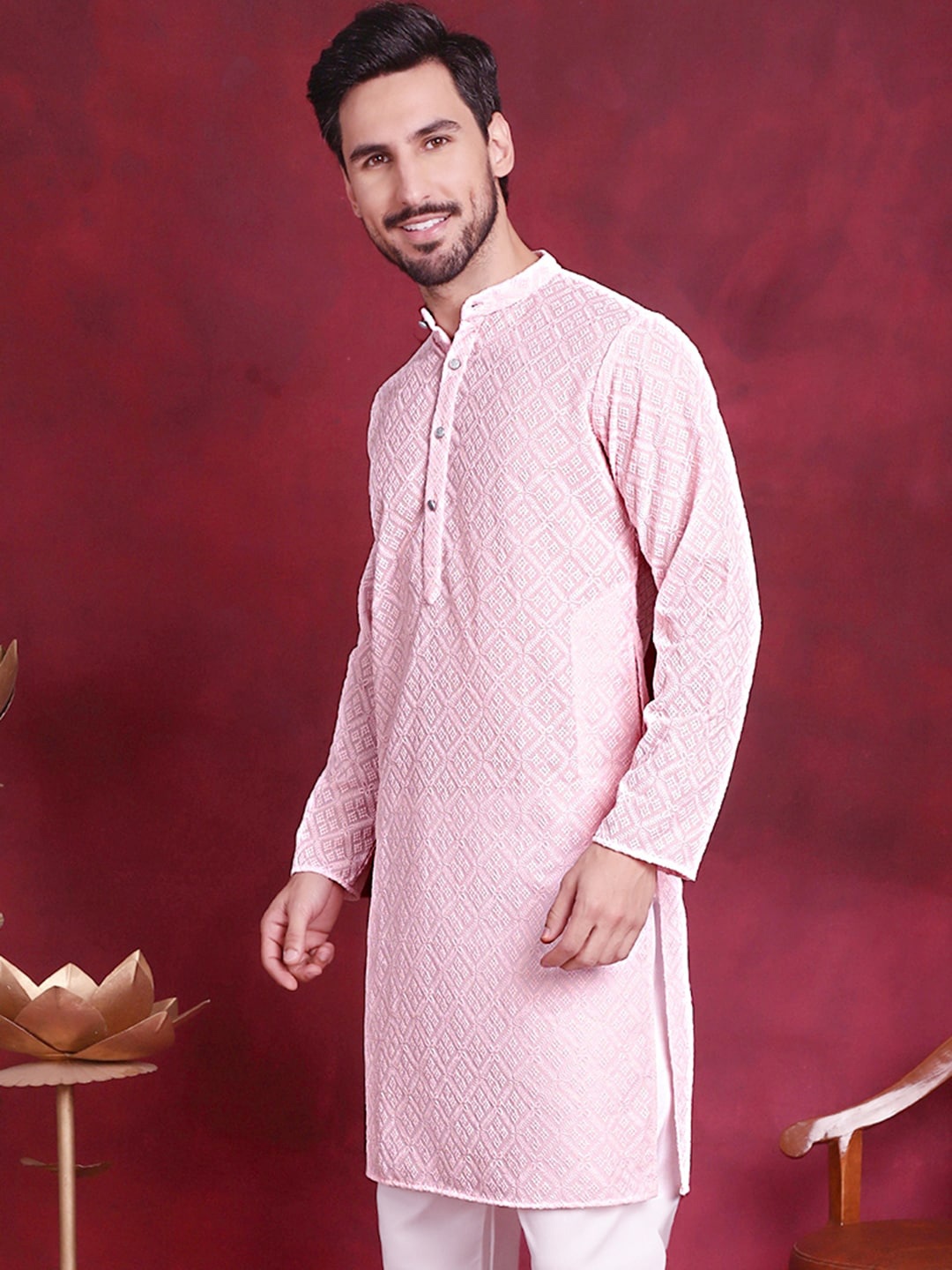 

Jompers Ethnic Motifs Embroidered Chikankari Georgette Kurta, Pink