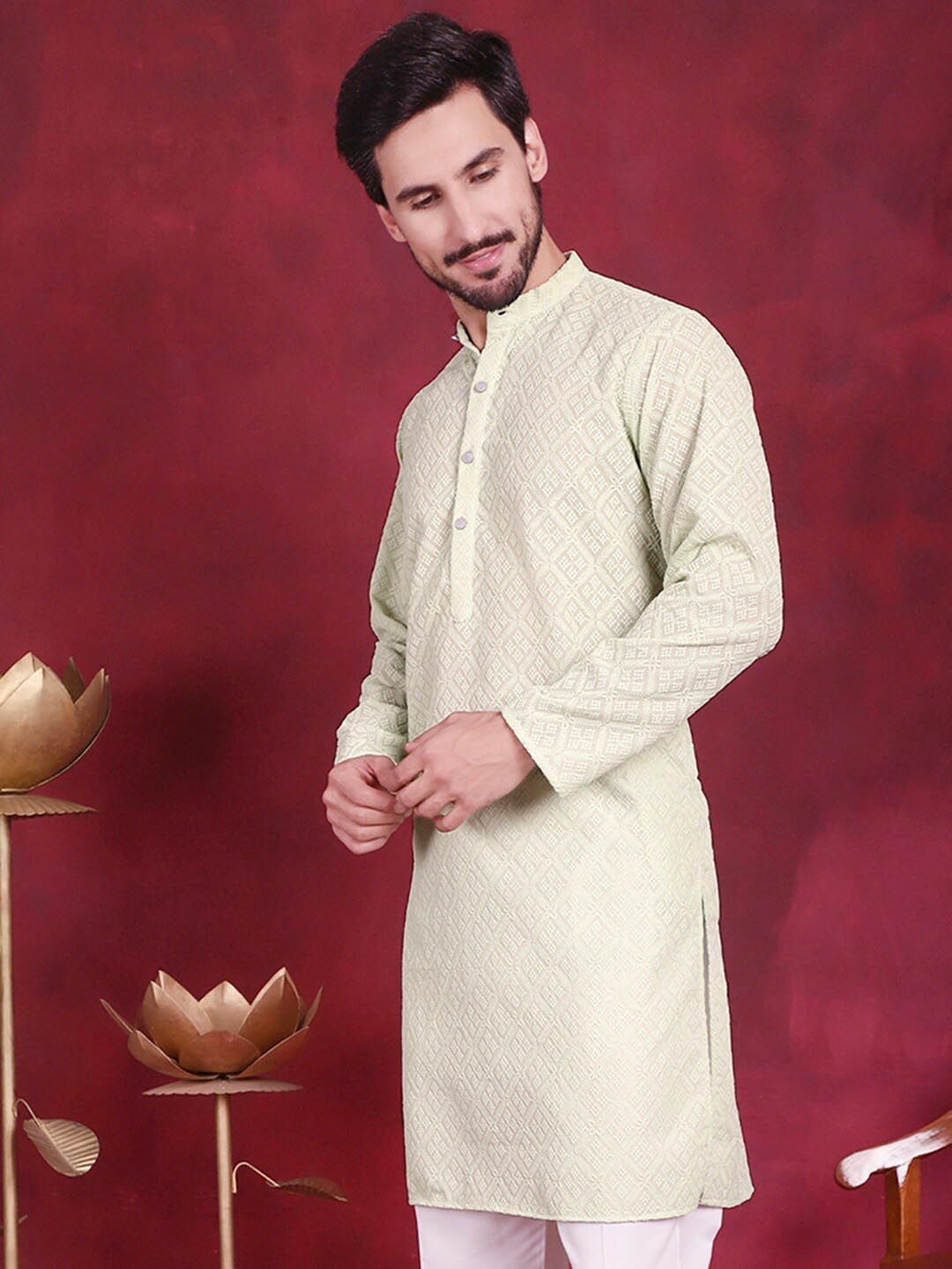 

Jompers Ethnic Motifs Embroidered Band Collar Chikankari Cotton Straight Kurta, Green