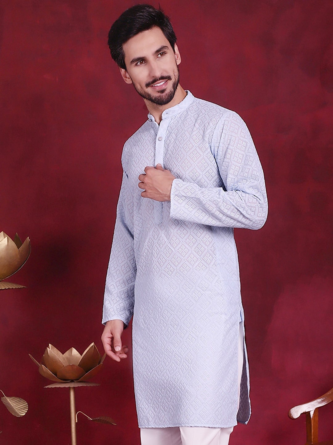 

Jompers Geometric Embroidered Chikankari Band Collar Long Sleeve Collar Georgette Kurta, Turquoise blue