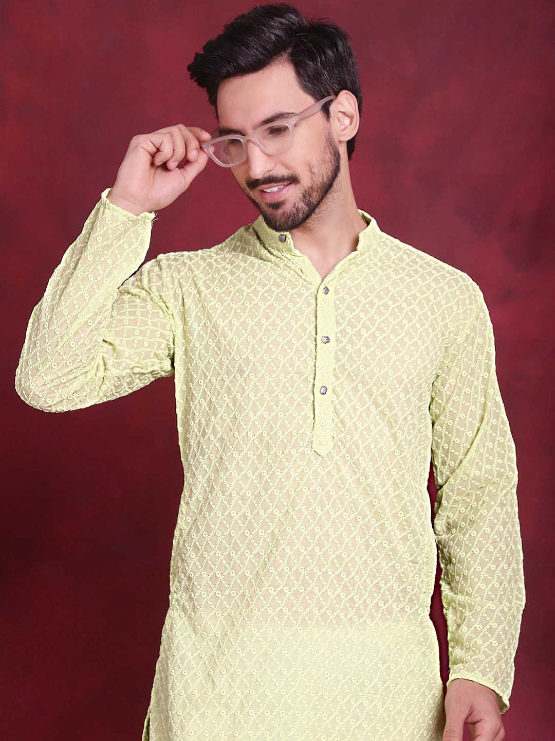 

Jompers Ethnic Motifs Embroidered Band Collar Pure Cotton Straight Kurta, Green