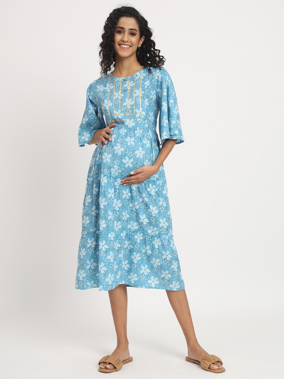 

angloindu Floral Printed Flared Sleeves Lace-Up Tiered Maternity A-Line Midi Dress, Blue