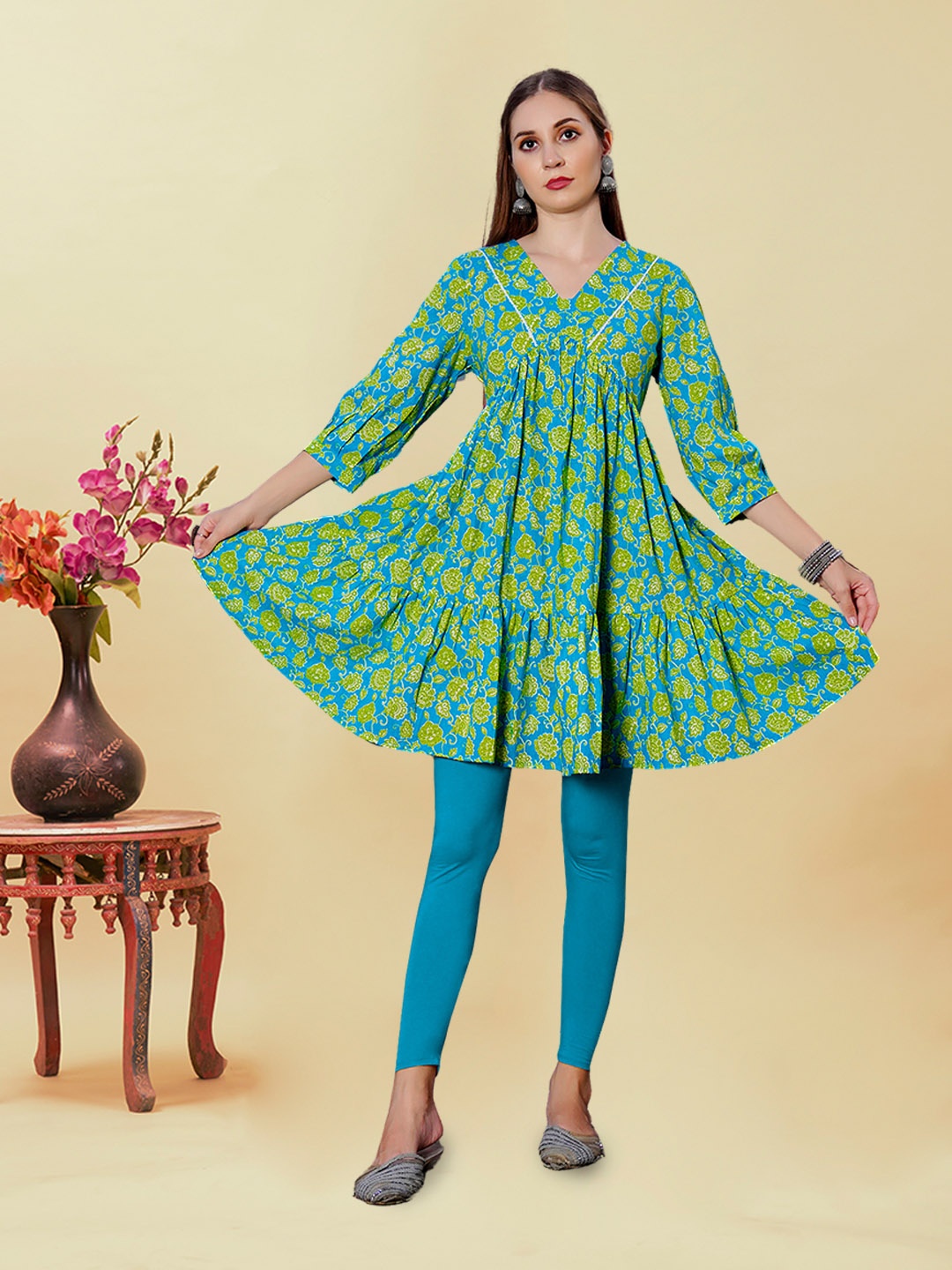 

Anouk Printed Pure Cotton Above Knee Kurta, Turquoise blue