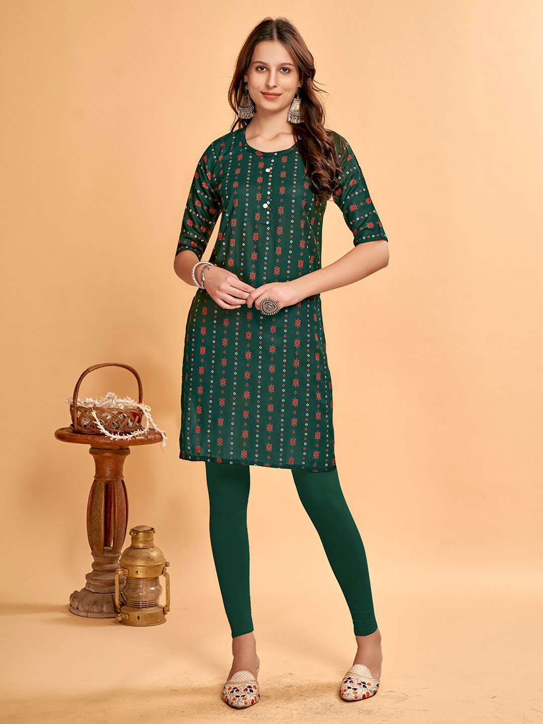 

Anouk Printed Pure Cotton Knee Length Kurta, Green