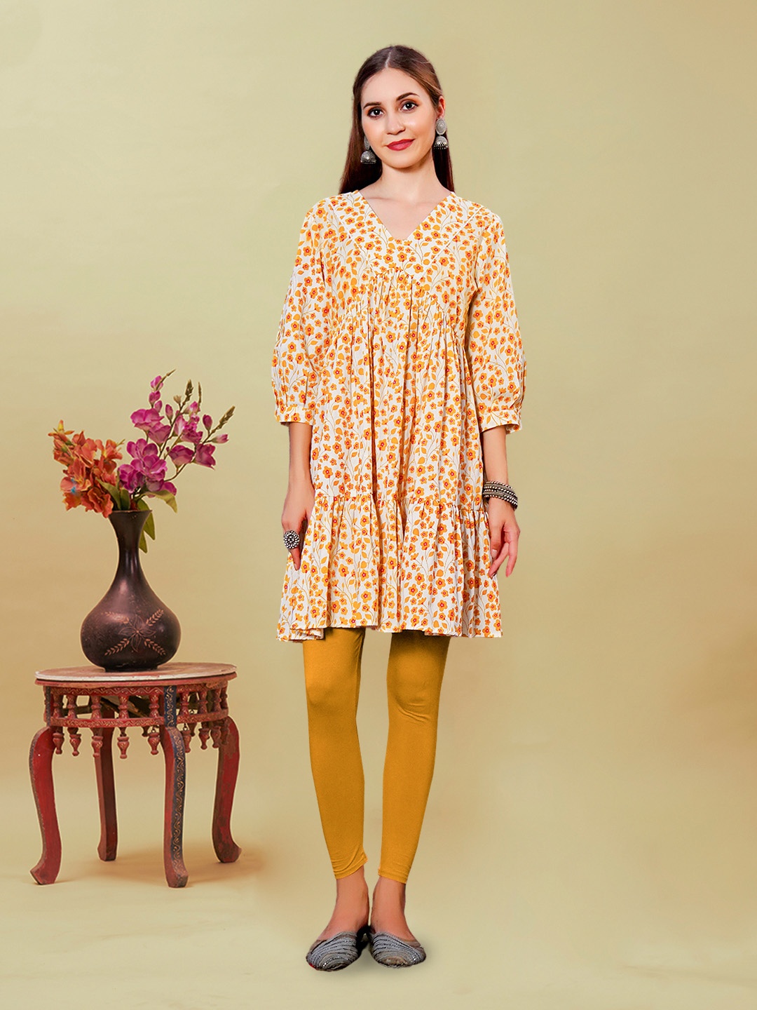 

Anouk Printed Pure Cotton Above Knee Kurta, Yellow