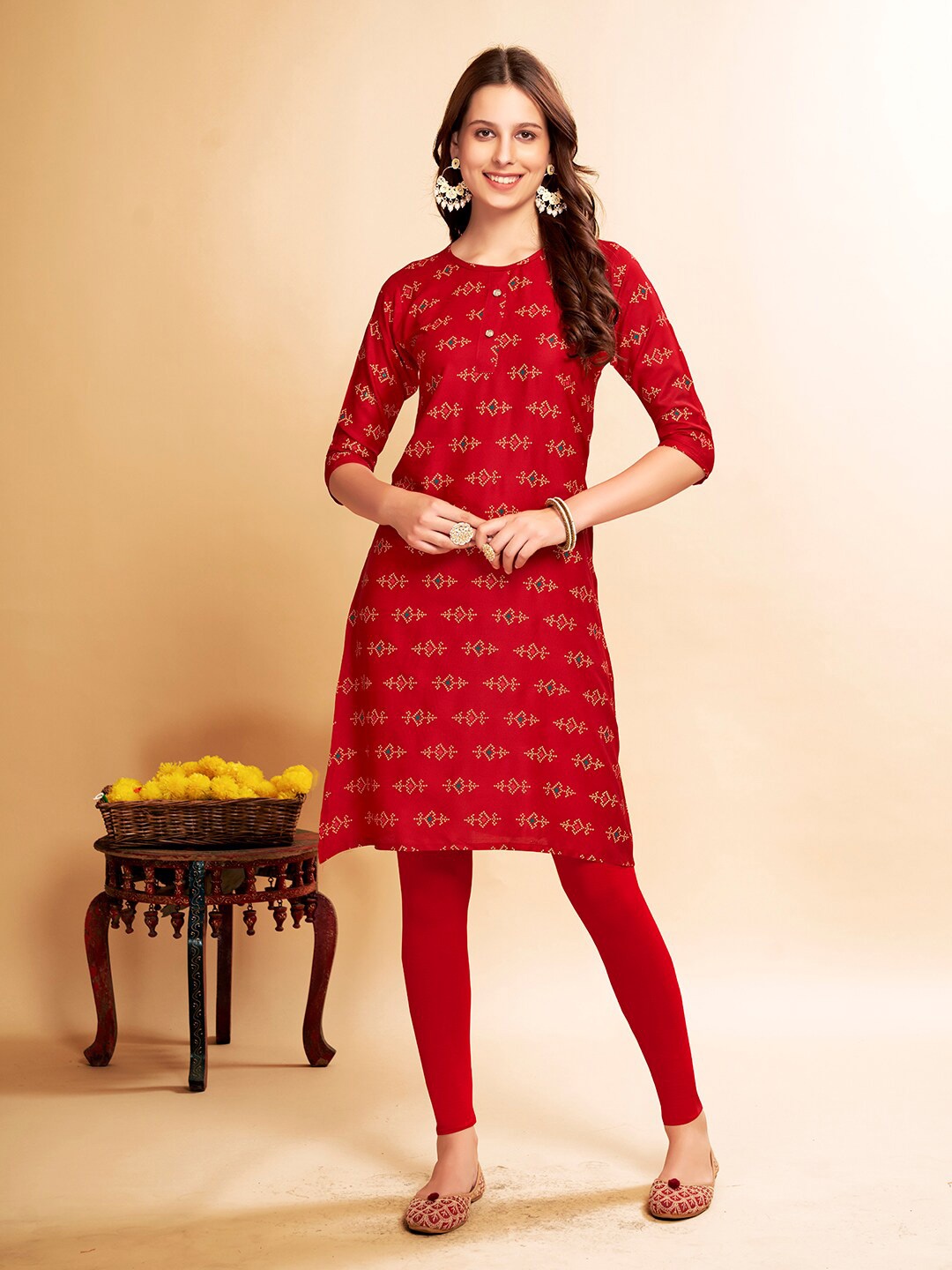 

Anouk Printed Pure Cotton Knee Length Kurta, Red