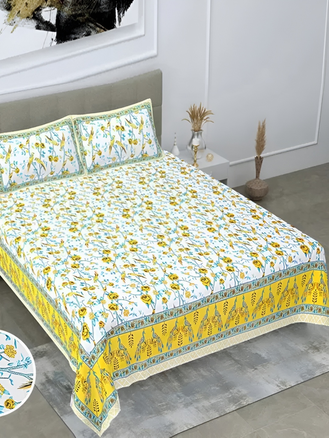 

Bedbathandbliss White Yellow Floral Cotton 300 TC King Bedsheet With 2 Pillow Covers