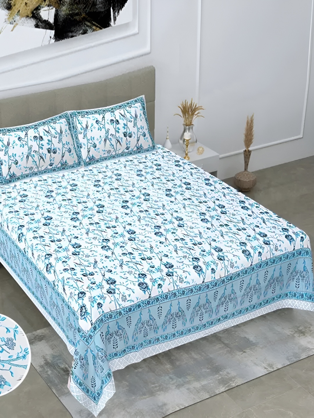 

Bedbathandbliss White Blue Floral Cotton 300 TC King Bedsheet With 2 Pillow Covers
