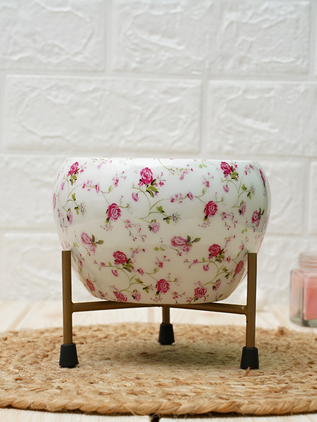 

GOLD DUST Cream Pink Floral Printed Metal Planter