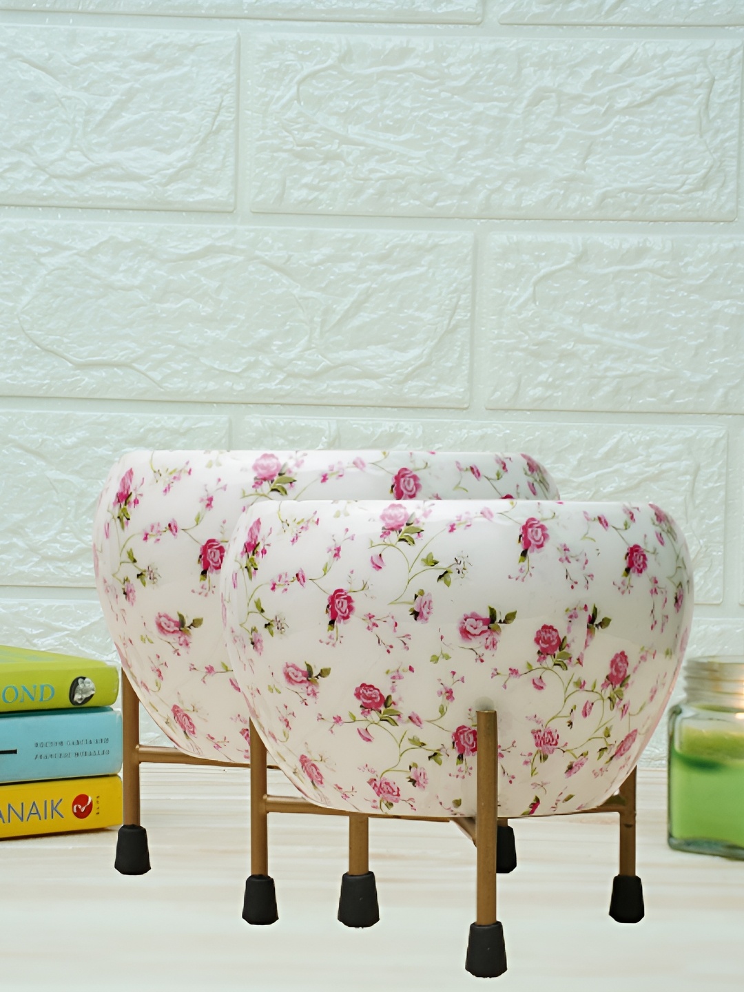

GOLD DUST White & Red 2 Pieces Floral Printed Metal Planters