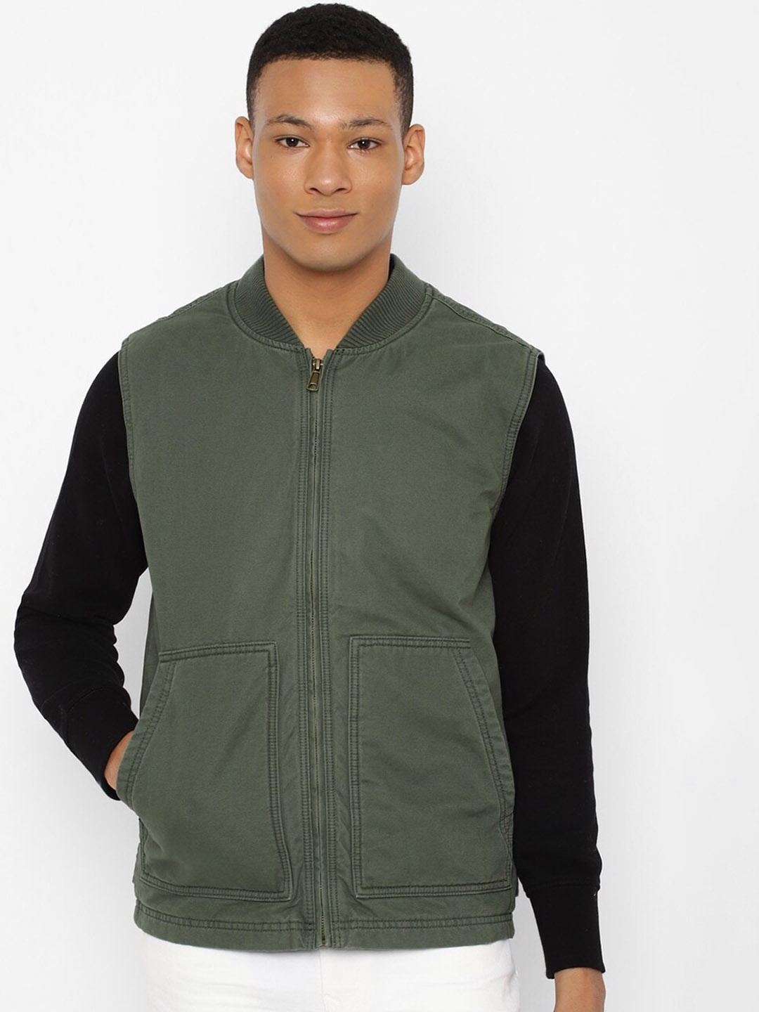 

AMERICAN EAGLE OUTFITTERS Stand Collar Pure Cotton Tailored Jacket, Green