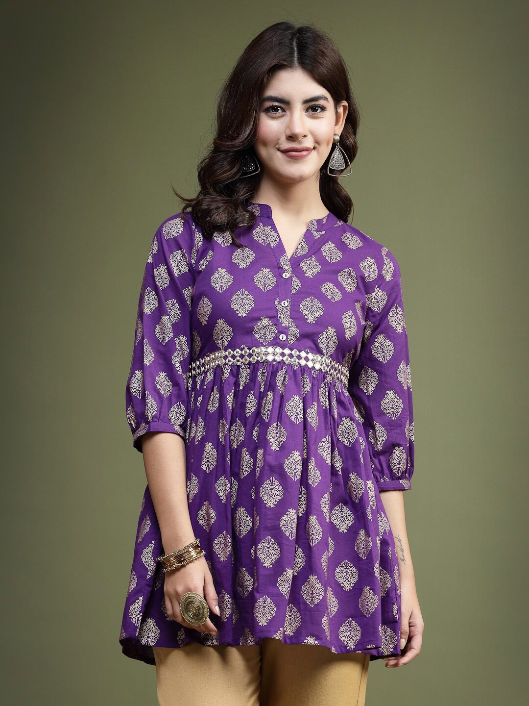 

Ramas Ethnic Motifs Printed Mandarin Collar Mirror Work A-Line Top, Purple