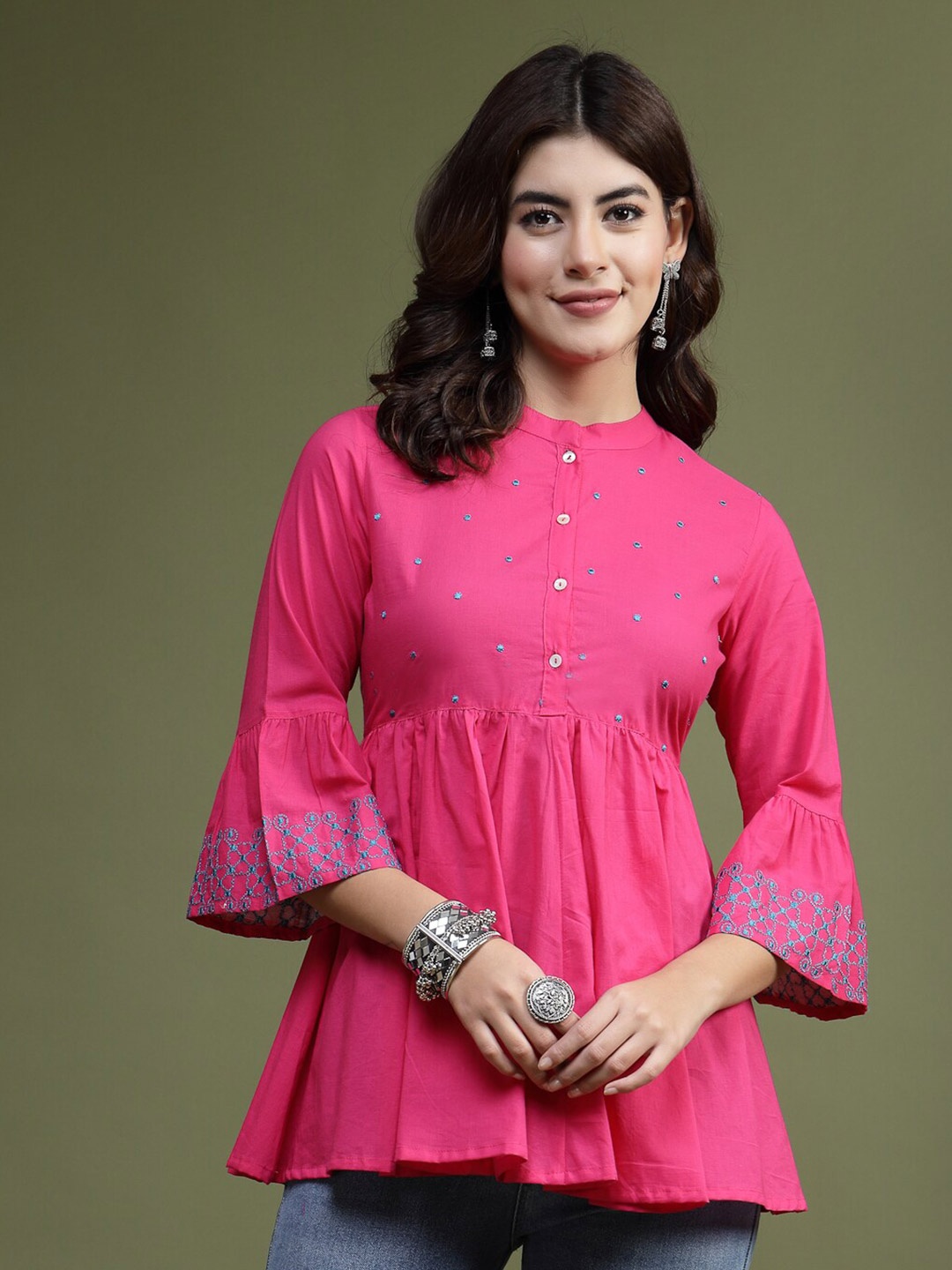 

Ramas Embroidered Mandarin Collar Cotton Peplum Top, Pink